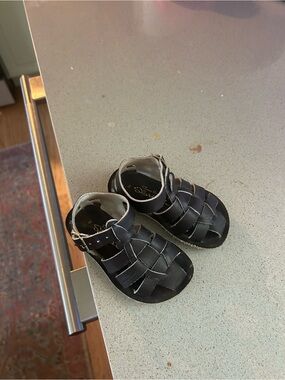 Kids Black Woven Fisherman Sandals with Buckle